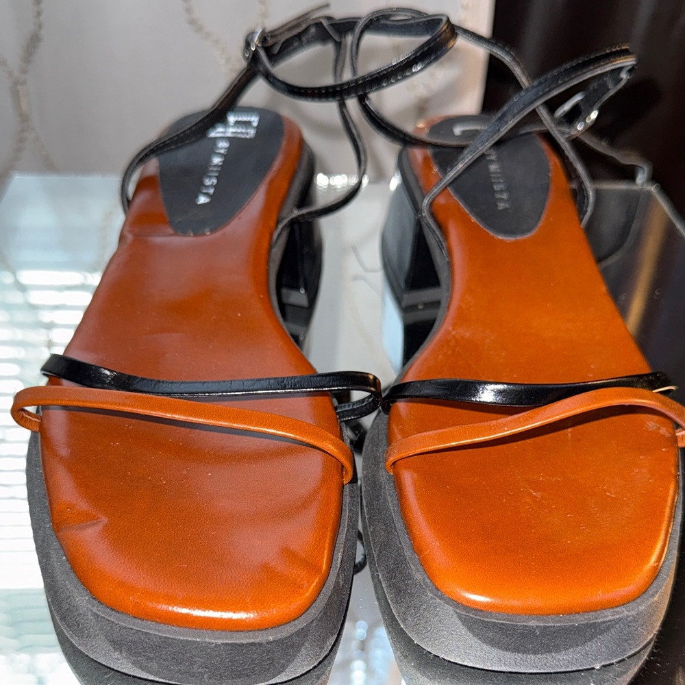 Giuseppe Zanotti Black and Tan Strappy Platform Sandals